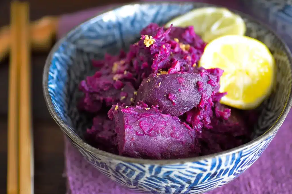 Stir-Fried Okinawan Purple Sweet Potato and Goya with Garlic Soy Glaze