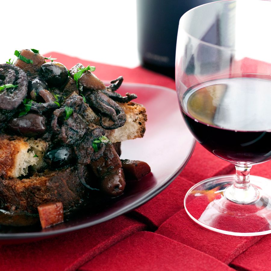 Octopus Braised in Red Wine with Tomato and Herbs