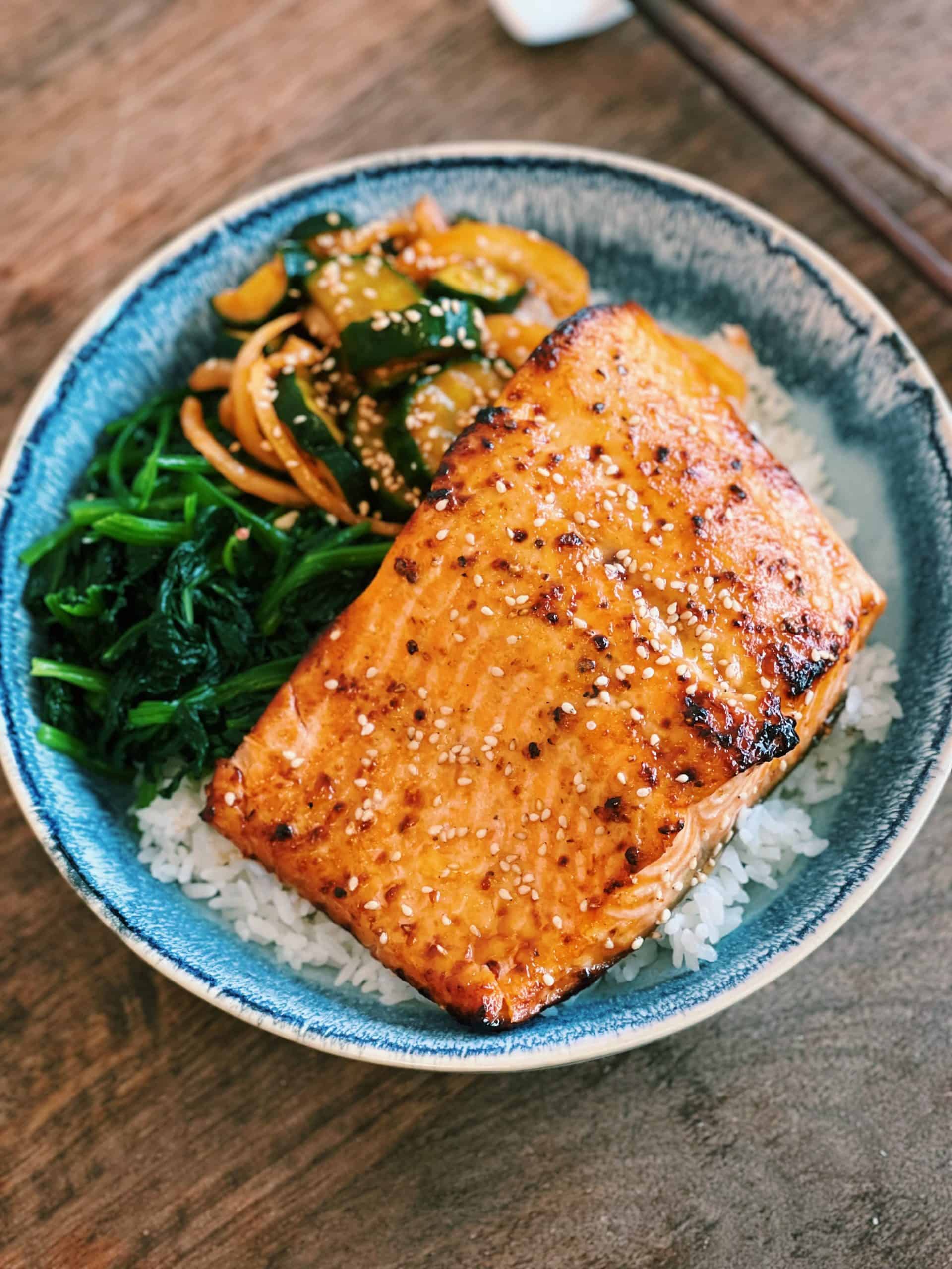 Pan-Seared Salmon with Miso Glaze and Sesame Ginger Rice