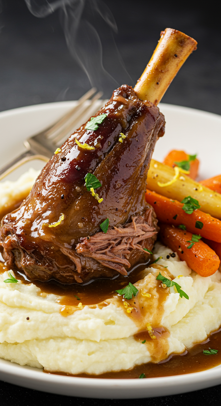 Slow-Cooked Lamb Shank with Wattleseed and Sweet Potato Mash