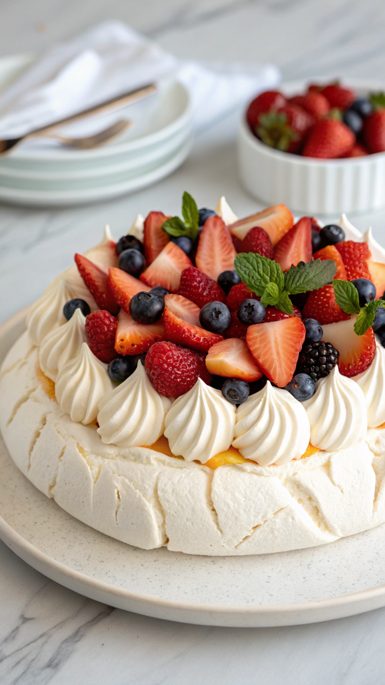Pavlova with Macadamia-Crusted Meringue and Passionfruit Cream