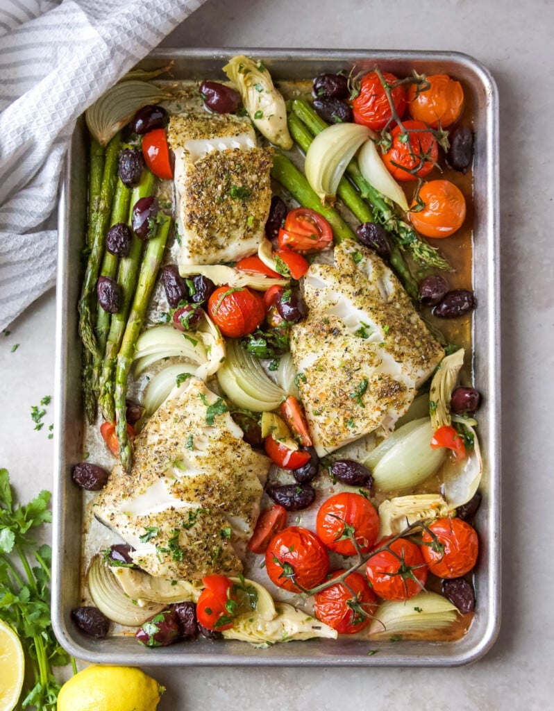 Sheet Pan Fish with Lemon and Olives