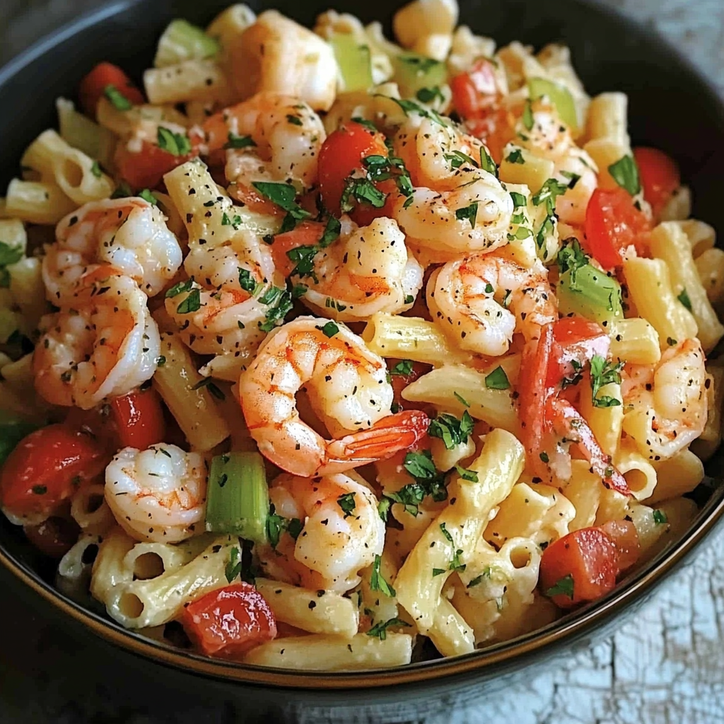 Vinegar-Poached Shrimp Pasta Salad with Cherry Tomatoes