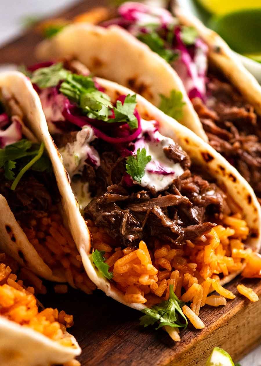 Slow-Cooker Beef Barbacoa with Pickled Red Onions and Cilantro Lime Rice