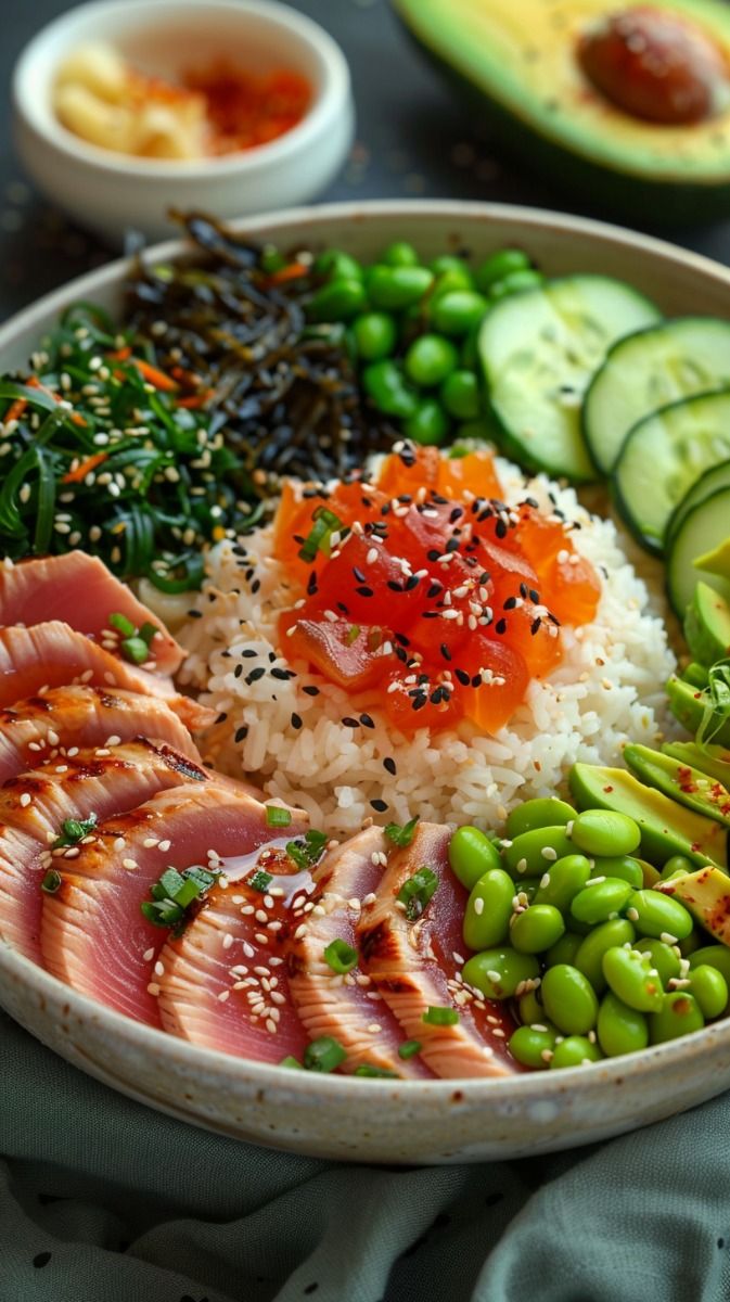 Sesame-Ginger Tuna Poke Bowl with Avocado and Rice