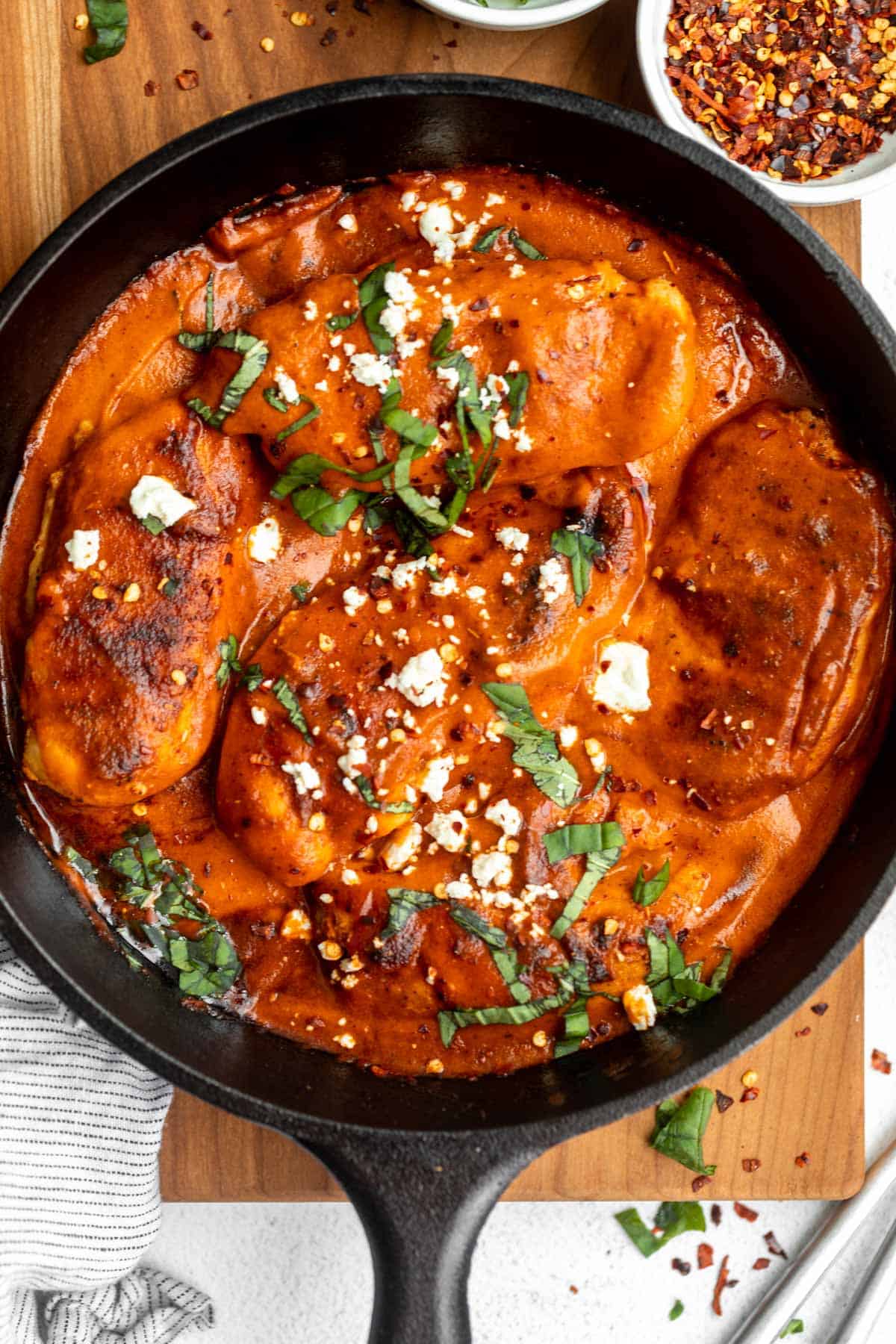 Pan-Seared Chicken with Roasted Red Pepper and Basil Cream Sauce