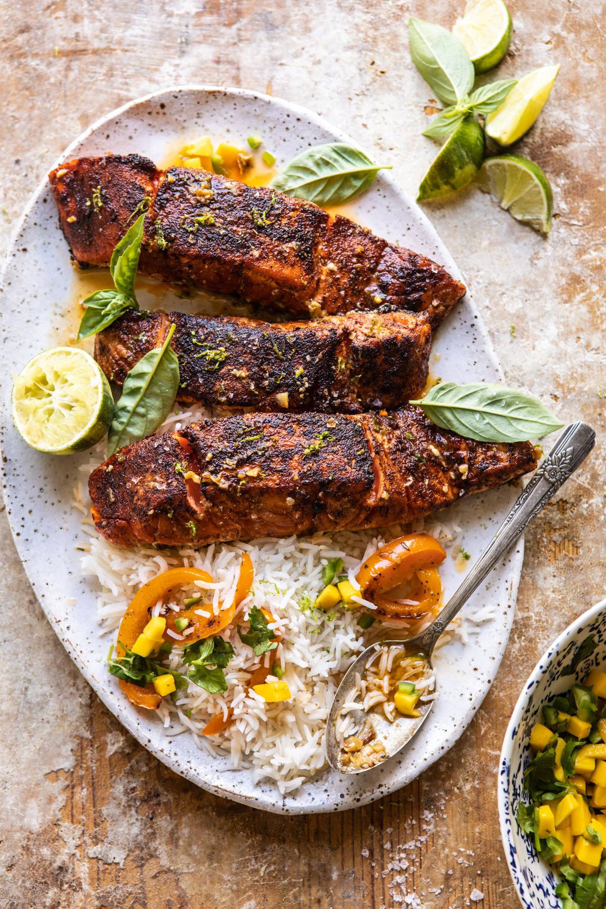 Pan-Seared Salmon with Mango Salsa and Cilantro Lime Cauliflower Rice