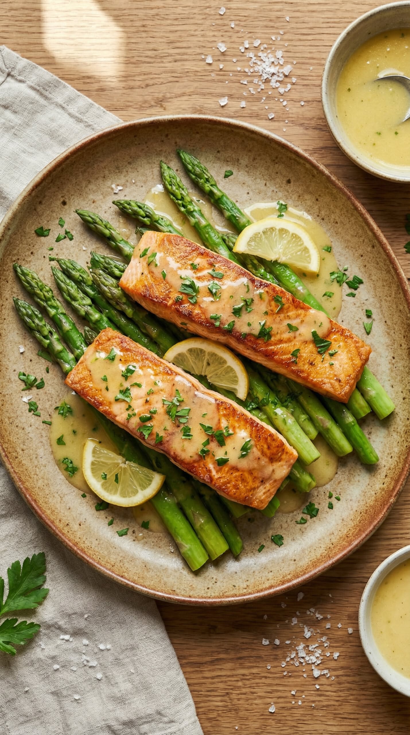 Pan-Seared Salmon with Lemon Dill Sauce and Roasted Asparagus