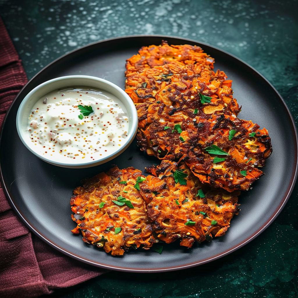 Injera-Crusted Vegetable Fritters with Spiced Yogurt Dip