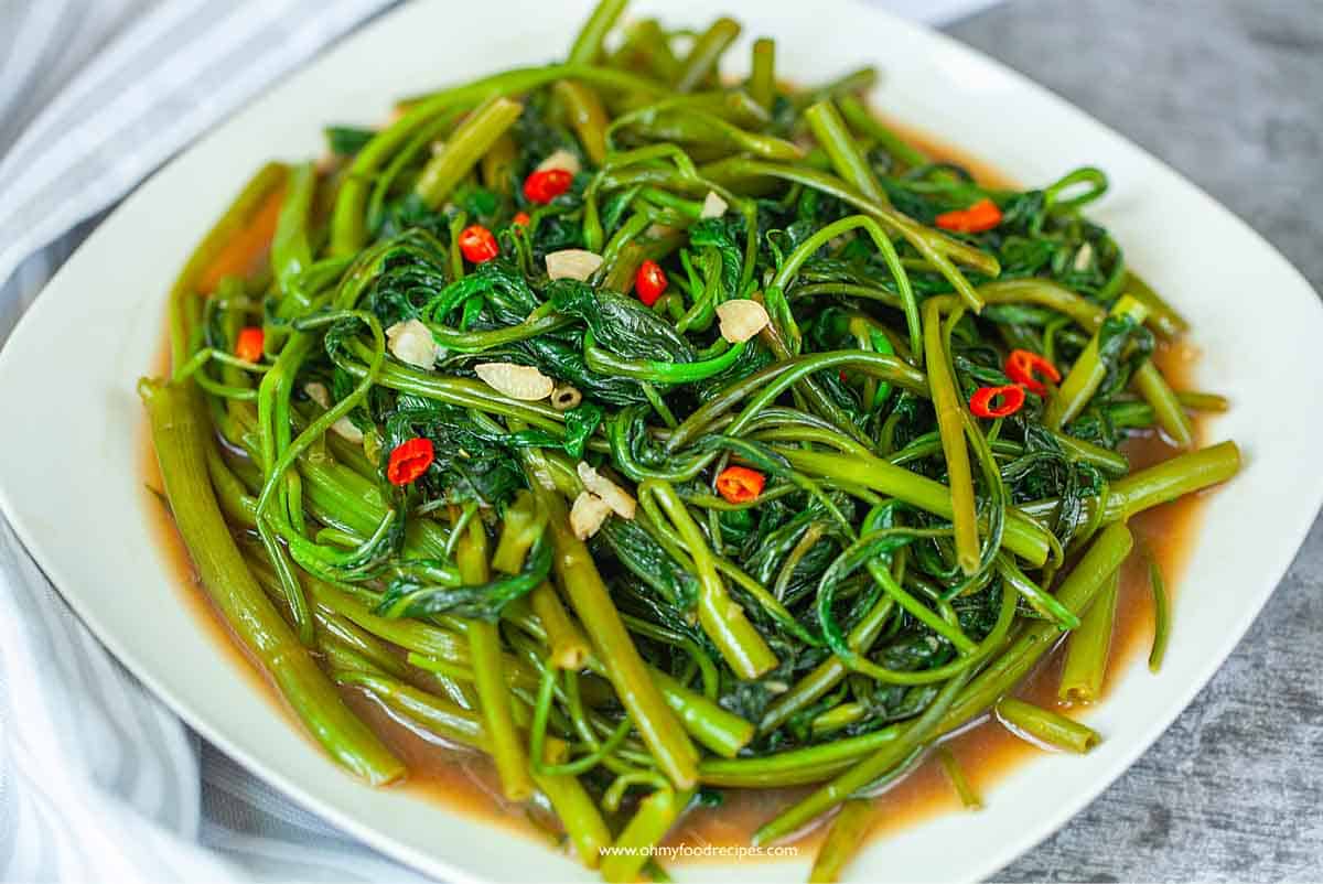 Sautéed Water Spinach with Shrimp Paste and Garlic