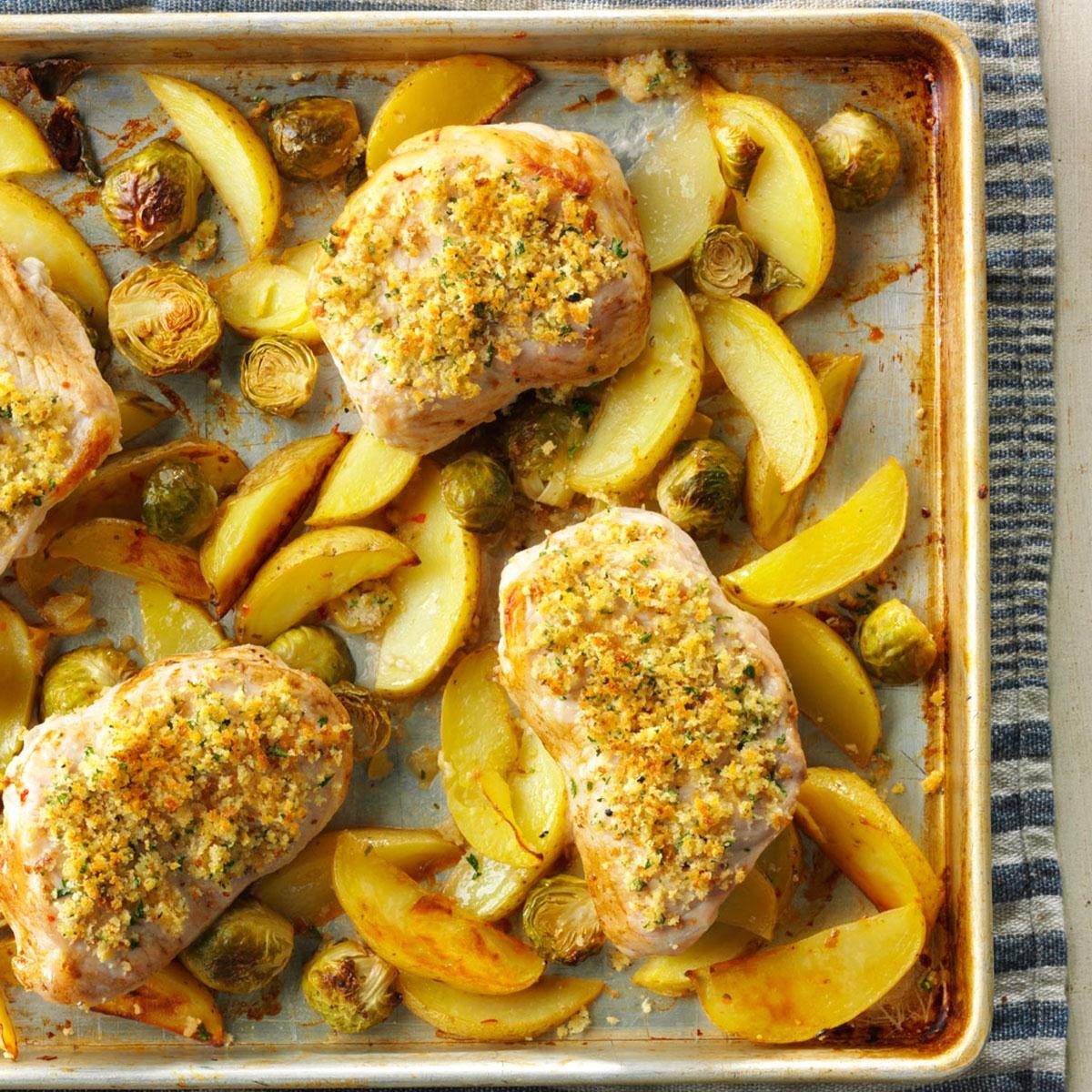 Pan-Roasted Pork Chops with Maple-Mustard Glaze and Roasted Sweet Potatoes