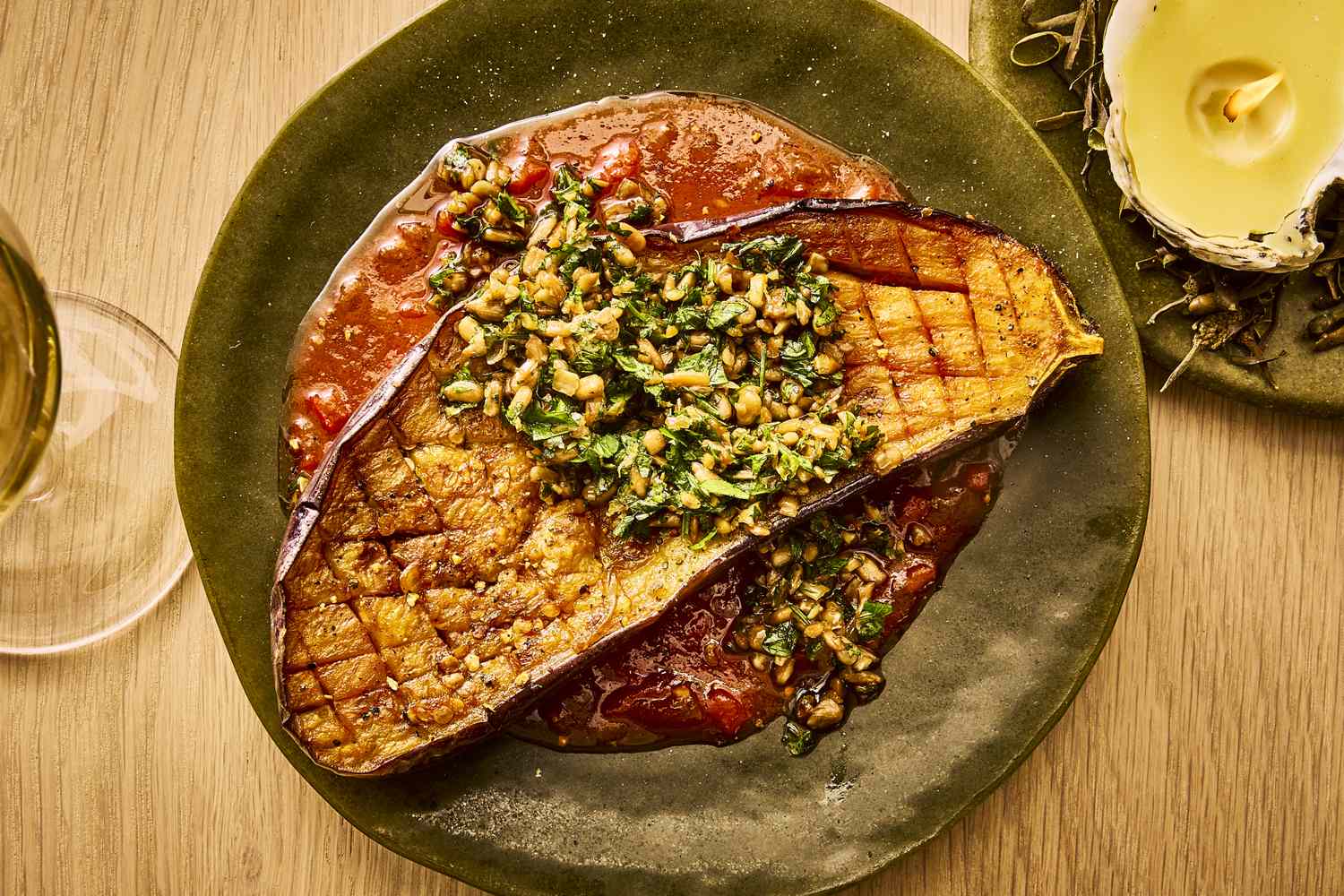 Tamari-Glazed Eggplant with Curry Leaf and Mustard Seed Drizzle