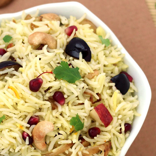 Kashmiri-style Spiced Vegetable Pulao with Saffron and Dry Fruits