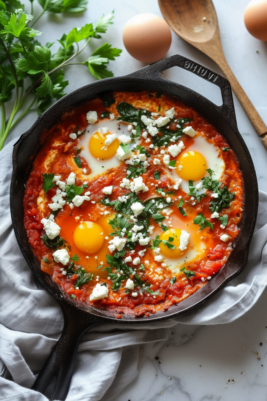 Sautéed Spinach and Cilantro Shakshuka with Feta Crumbles