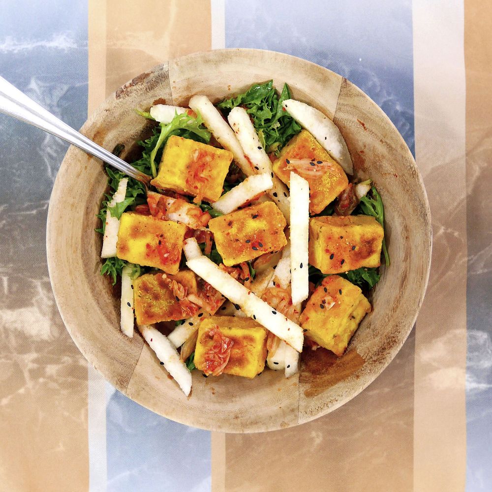 Korean-Inspired Tofu & Kimchi Salad with Sesame Dressing