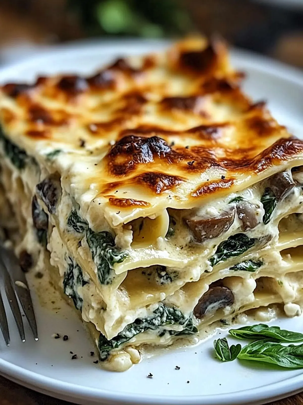 White Sauce Lasagna with Spinach and Mushrooms