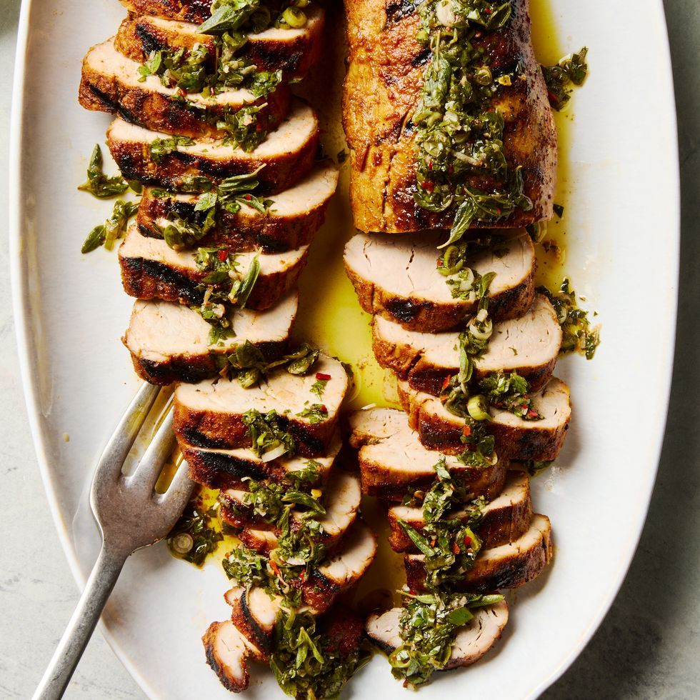 Grilled Citrus-Marinated Pork Tenderloin with Garlic Herb Sauce