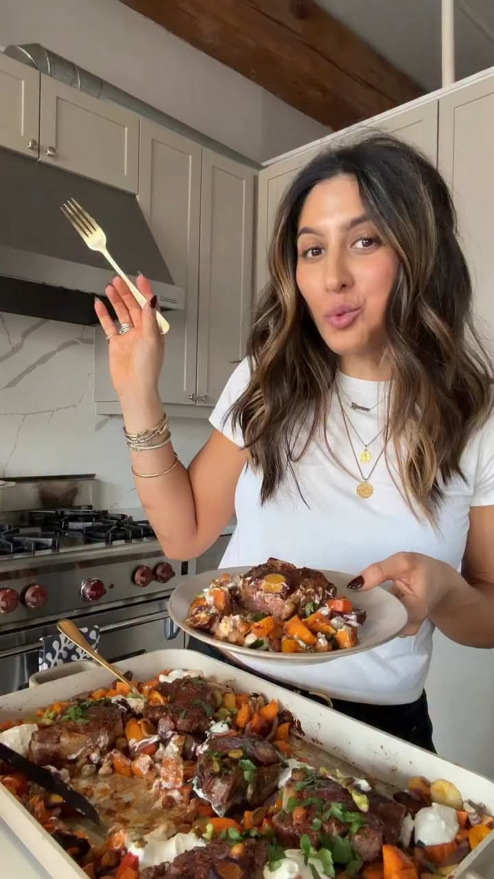 Sheet Pan Harissa-Spiced Lamb with Roasted Chickpeas and Sweet Potatoes