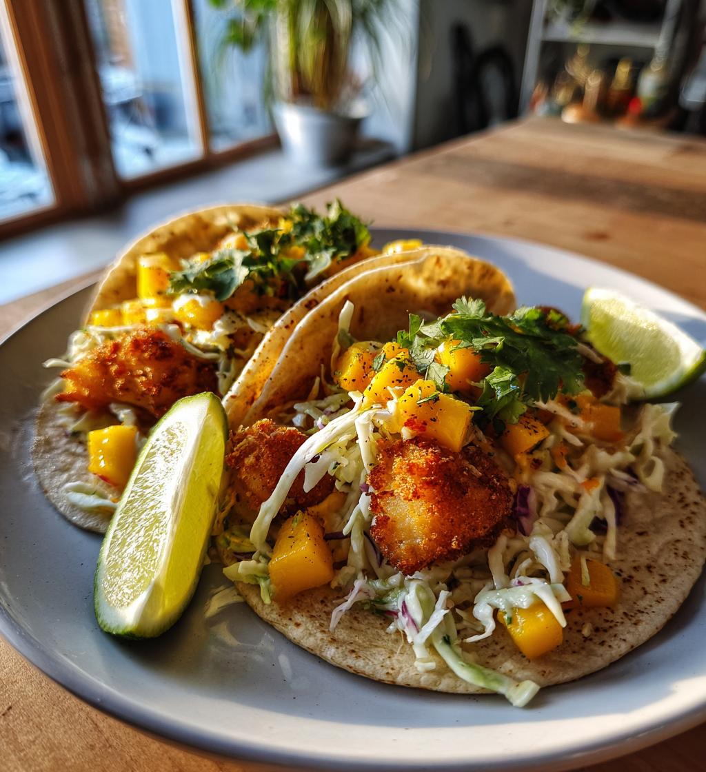 Crisped Fish Tacos with Pickled Sour Mango Slaw