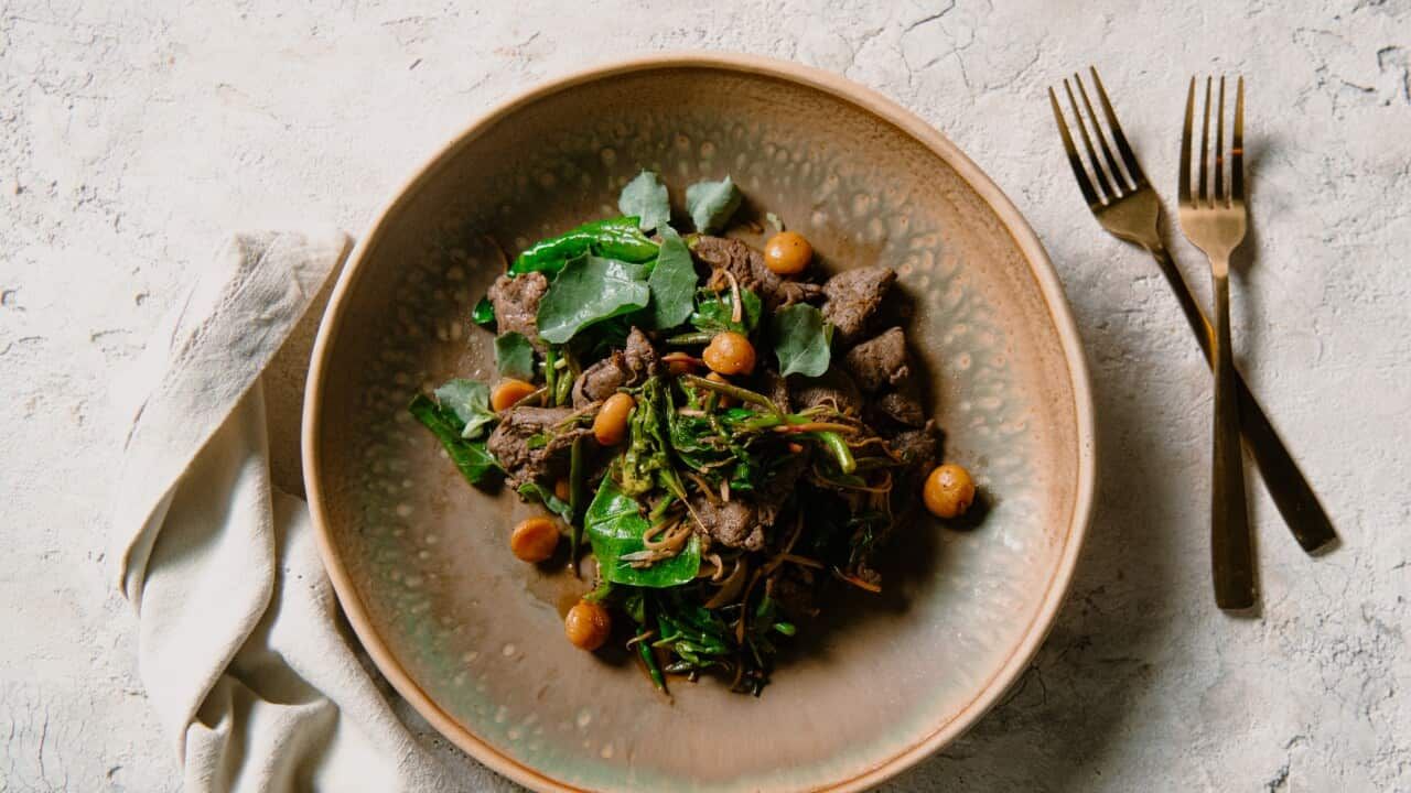 Spiced Kangaroo Stir-Fry with Finger Lime and Native Pepperberries
