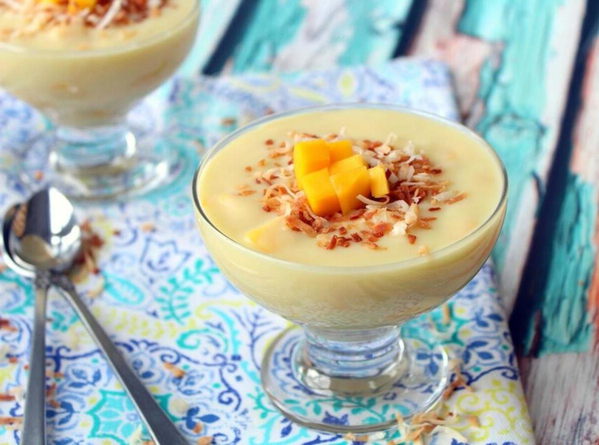 Tiki-Inspired Coconut and Mango Pudding with Toasted Macadamia