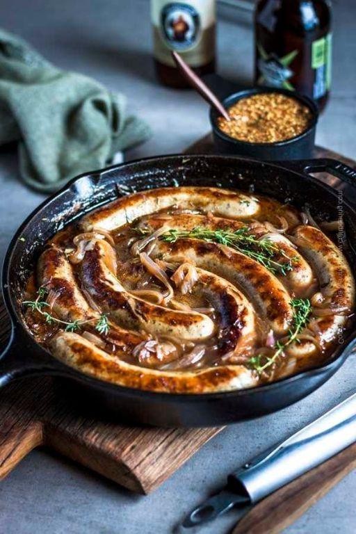 Craft Beer-Braised Bratwurst with Caramelized Onions and Mustard Sauce