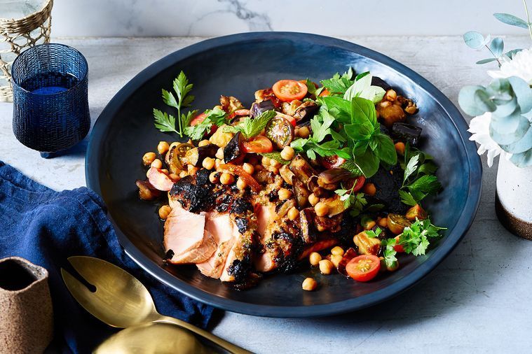 Pan-Seared Salmon with Miso-Glazed Eggplant and Sesame-Soy Dressing