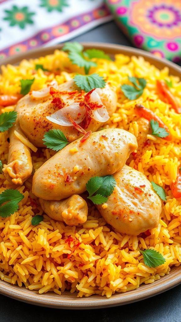 Saffron-Infused Chicken Biryani with Toasted Nuts and Fresh Herbs