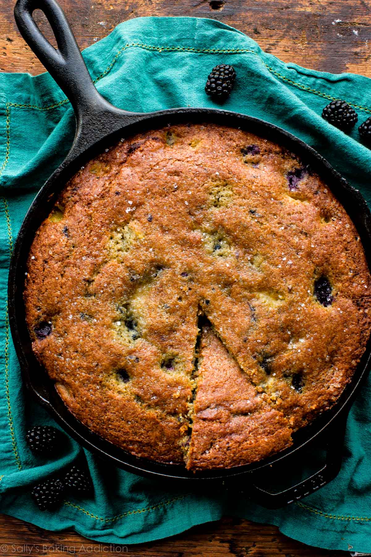Skillet Cornmeal Cake with Blackberry Peach and Brown Butter Icing