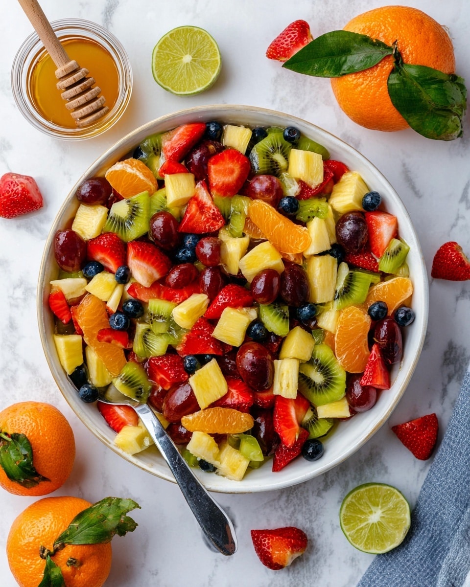 Punch-Infused Tropical Fruit Salad with Honey-Lime Dressing