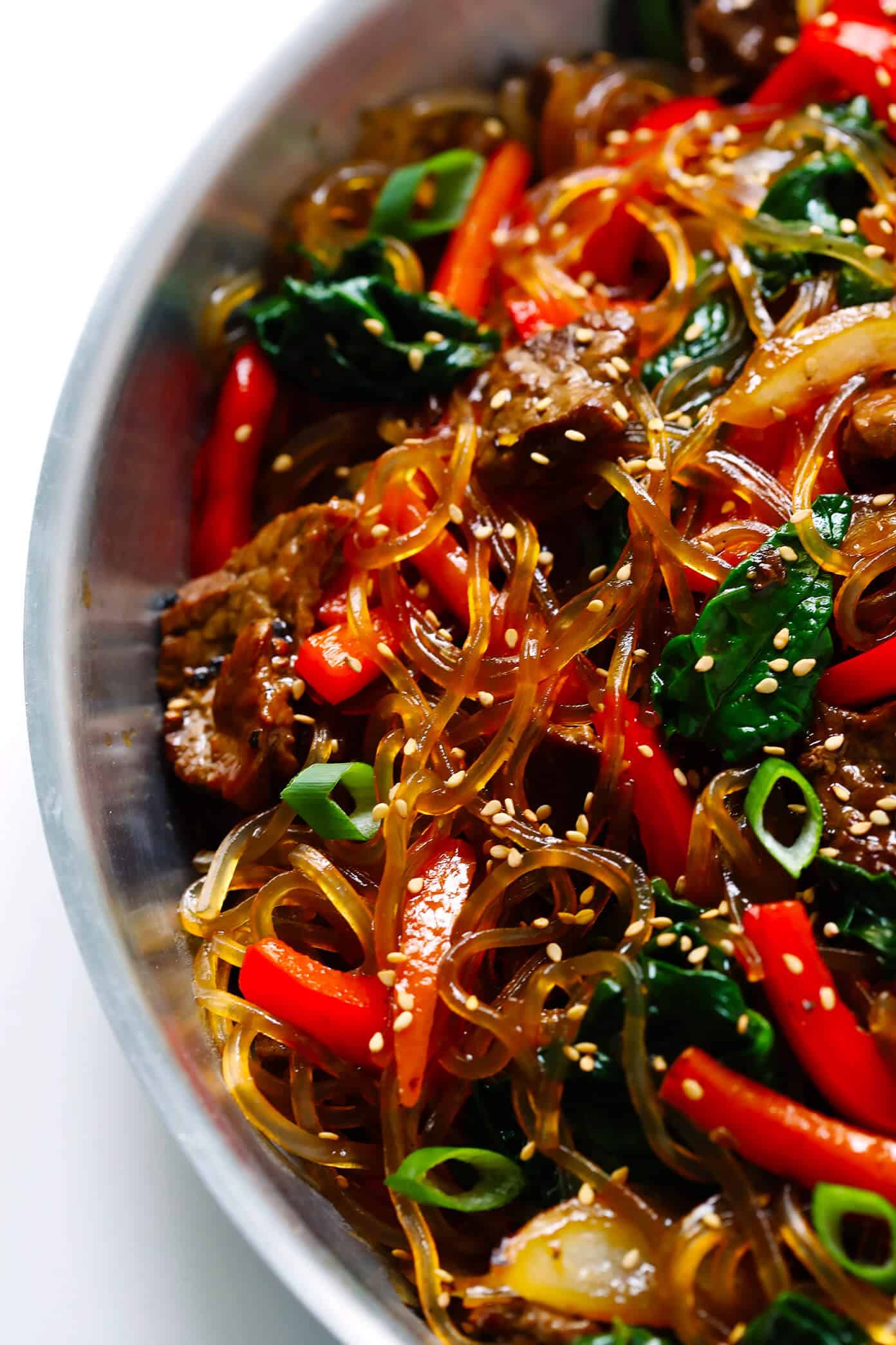 Stir-Fried Korean Glass Noodles with Vegetables and Beef