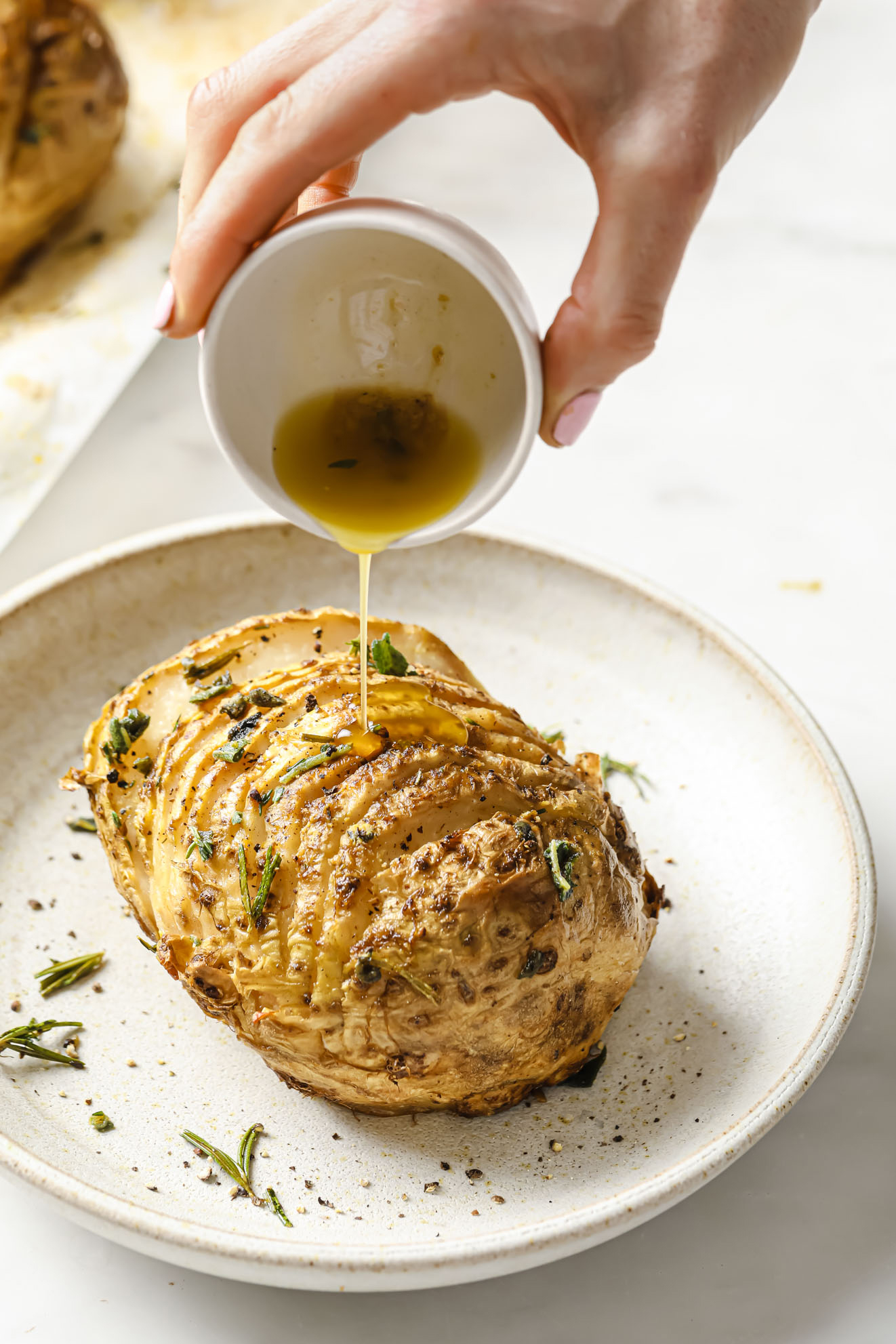 Roasted Hasselback Celeriac with Lemon Thyme and Olive Oil