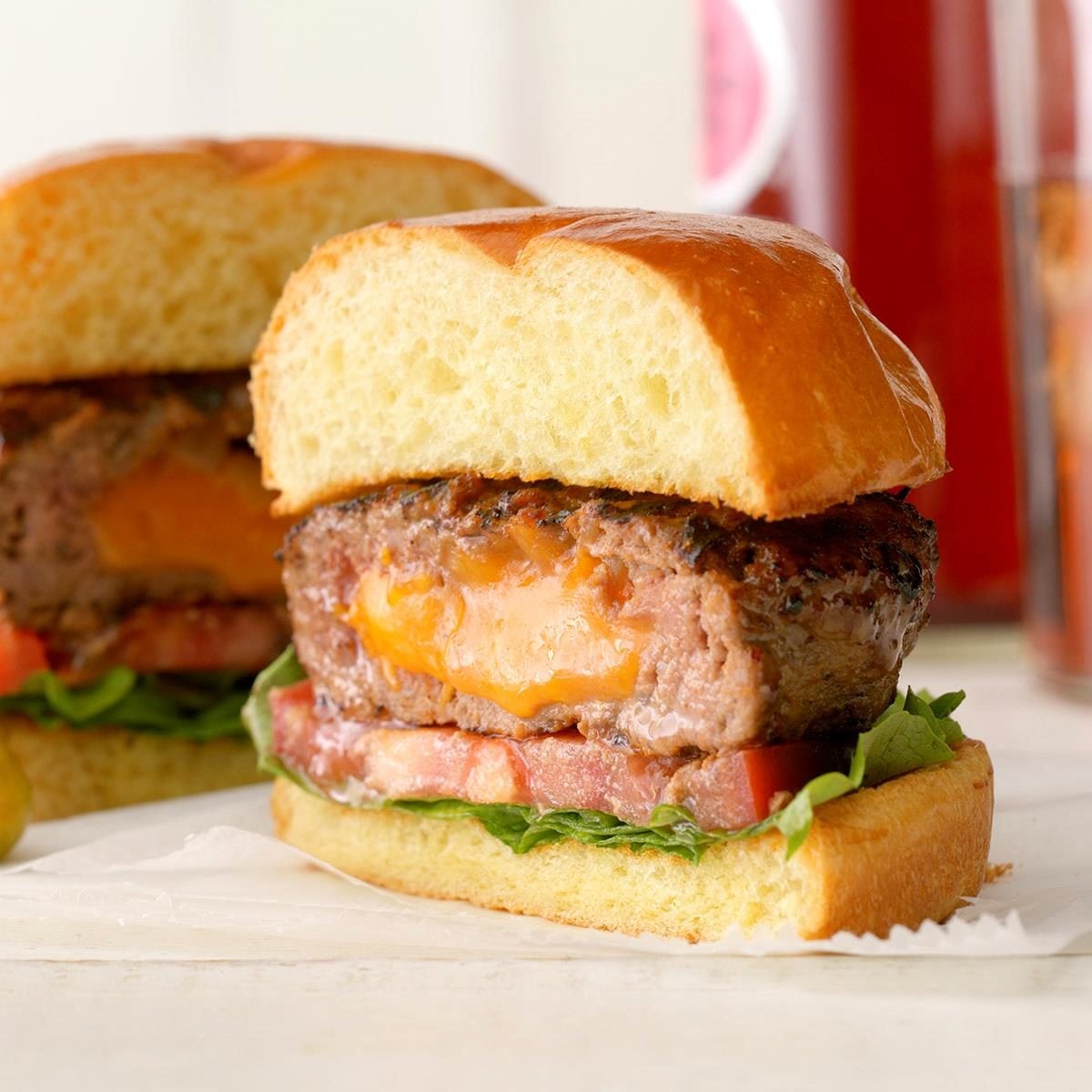 Cheese-Stuffed Burger Patties with Garlic Butter Mushrooms