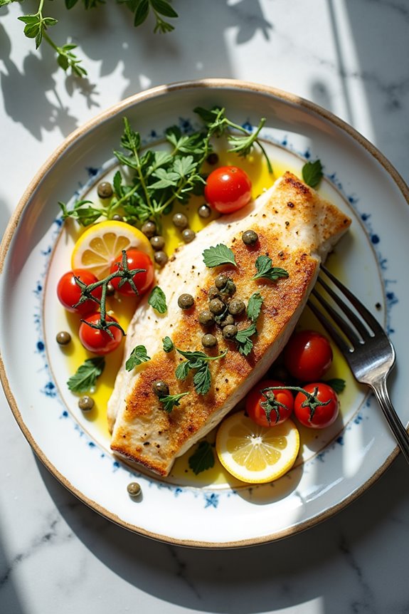 Pan-Seared Sea Bass with Mediterranean Olive Tapenade and Lemon-Garlic Sauce