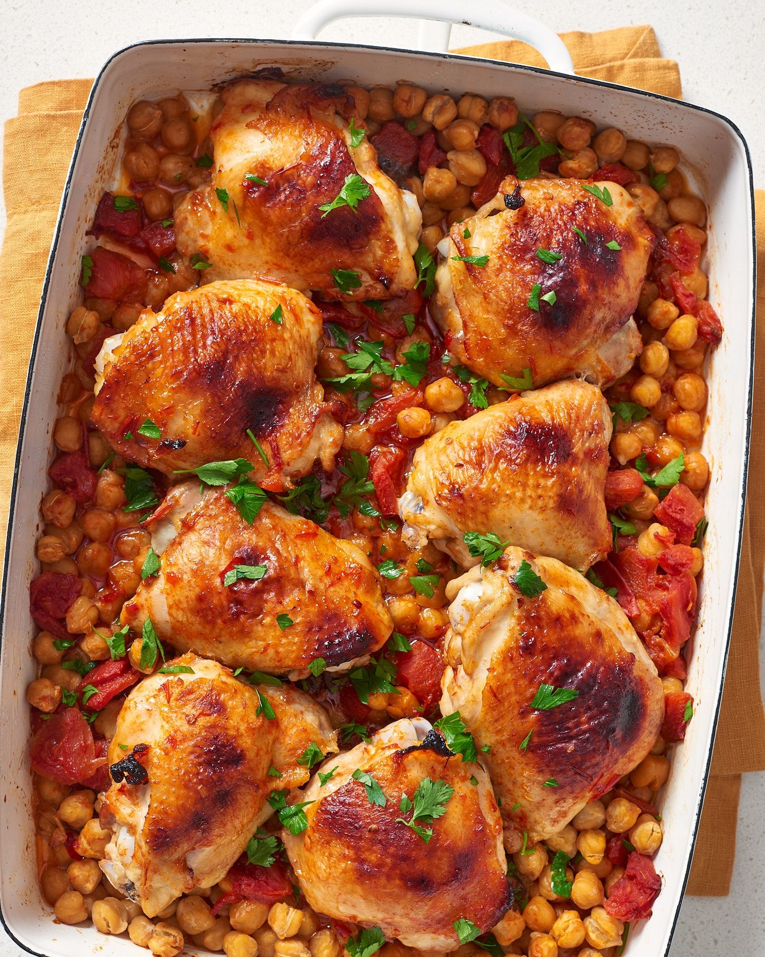 Pan-Seared Chicken Thighs with Spicy Harissa Chickpeas
