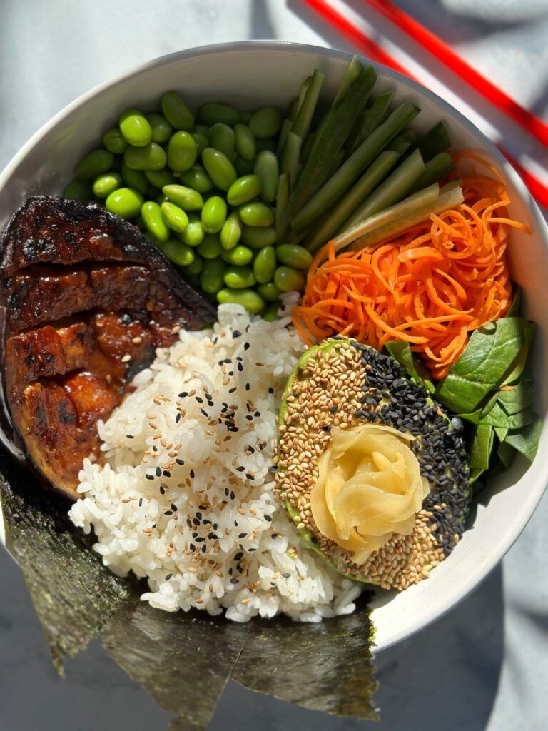 Miso-Glazed Eggplant with Scallion and Toasted Sesame Rice Bowl