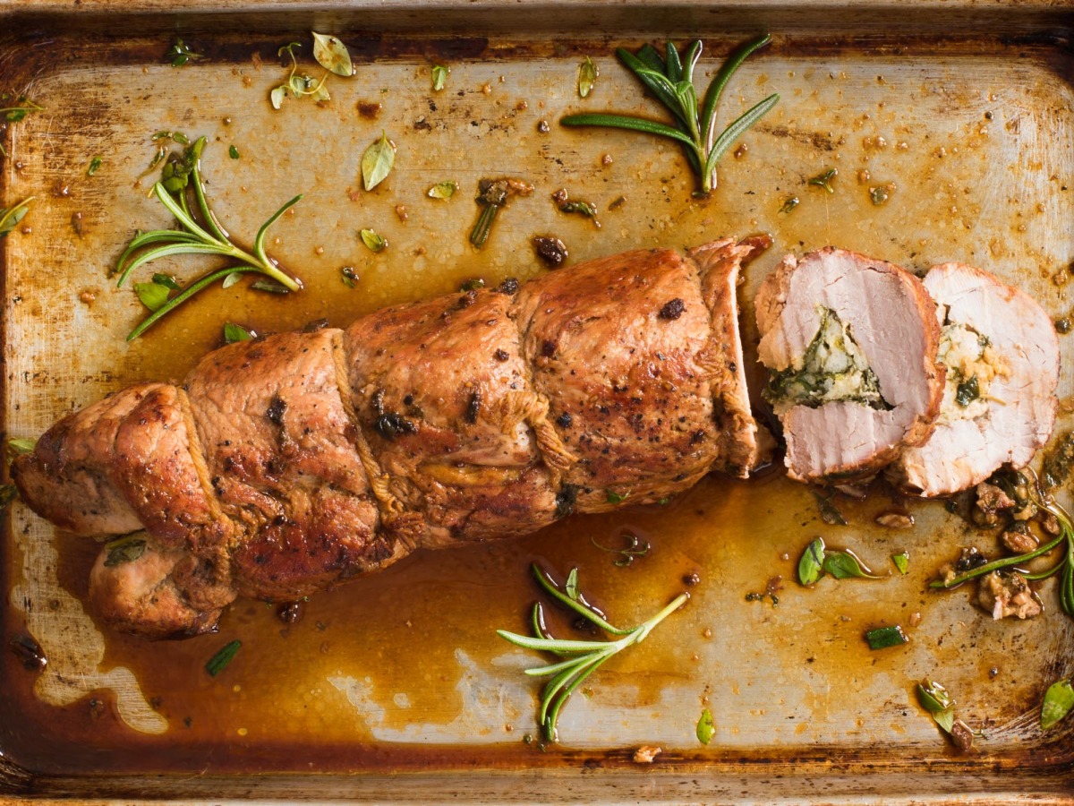 Herb-Stuffed Pork Tenderloin with Roasted Garlic and Mustard Glaze