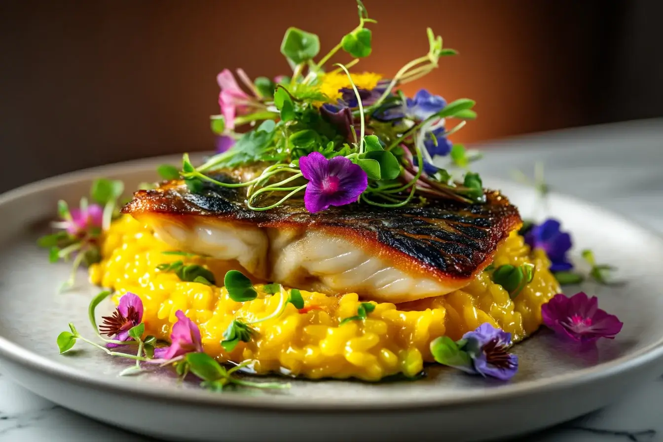 Pan-Seared Sea Bass with Saffron-Infused Risotto and Lemon Butter