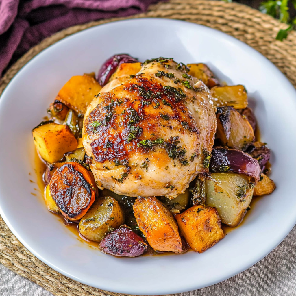 One-Pot Savory Maple Mustard Chicken with Roasted Root Vegetables