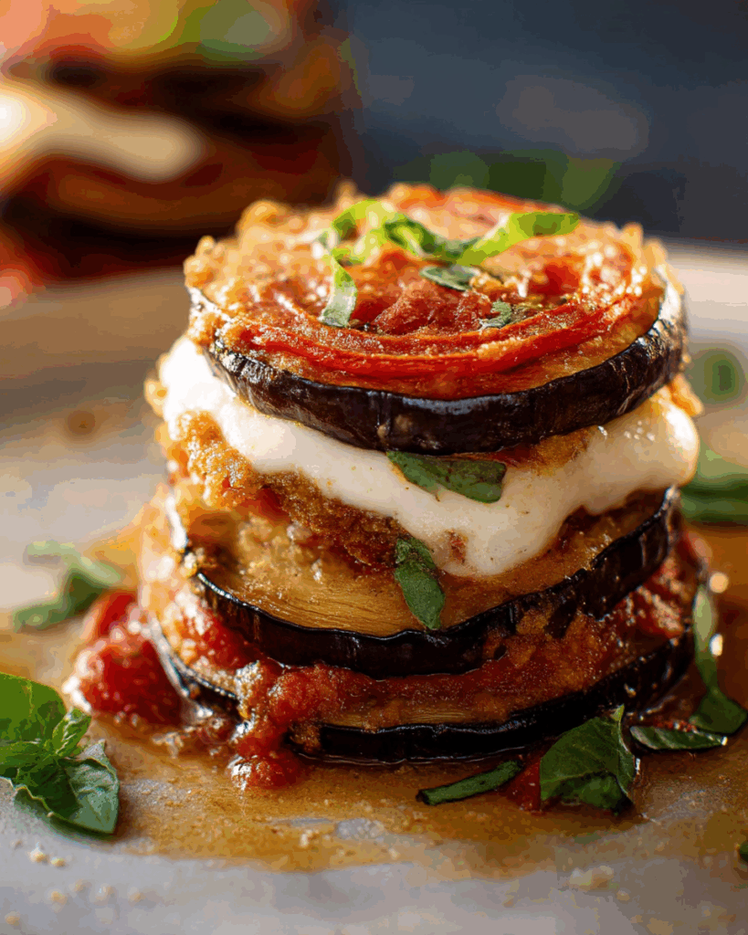 Pan-Fried Eggplant Parmesan Stacks with Basil Marinara