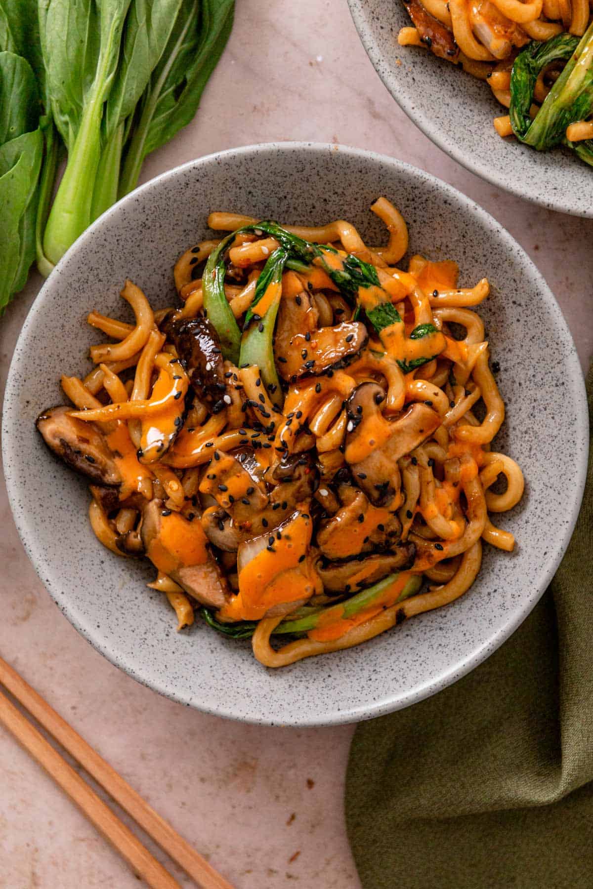 Stir-Fried Udon Noodles with Miso-Glazed Eggplant and Shiitake