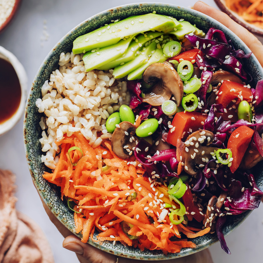 Vegetable Rainbow Rice Bowl with Sesame Dressing