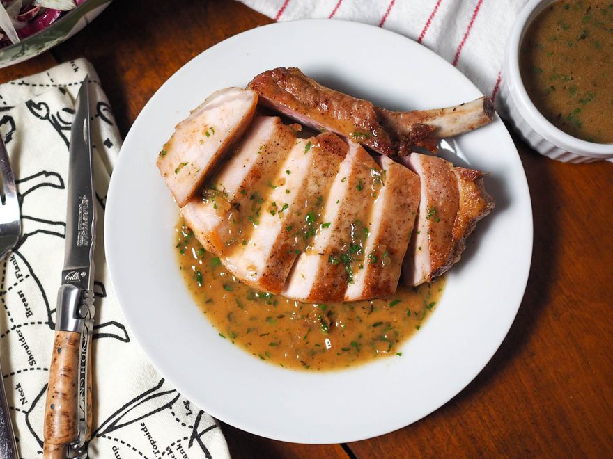 Pan-Fried Pork Chops with Apple-Cider Pan Sauce and Braised Cabbage