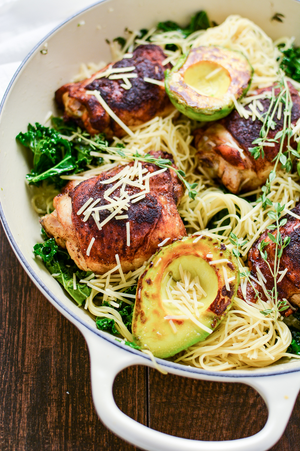 Pan-Seared Chicken Thighs with Avocado and Spinach