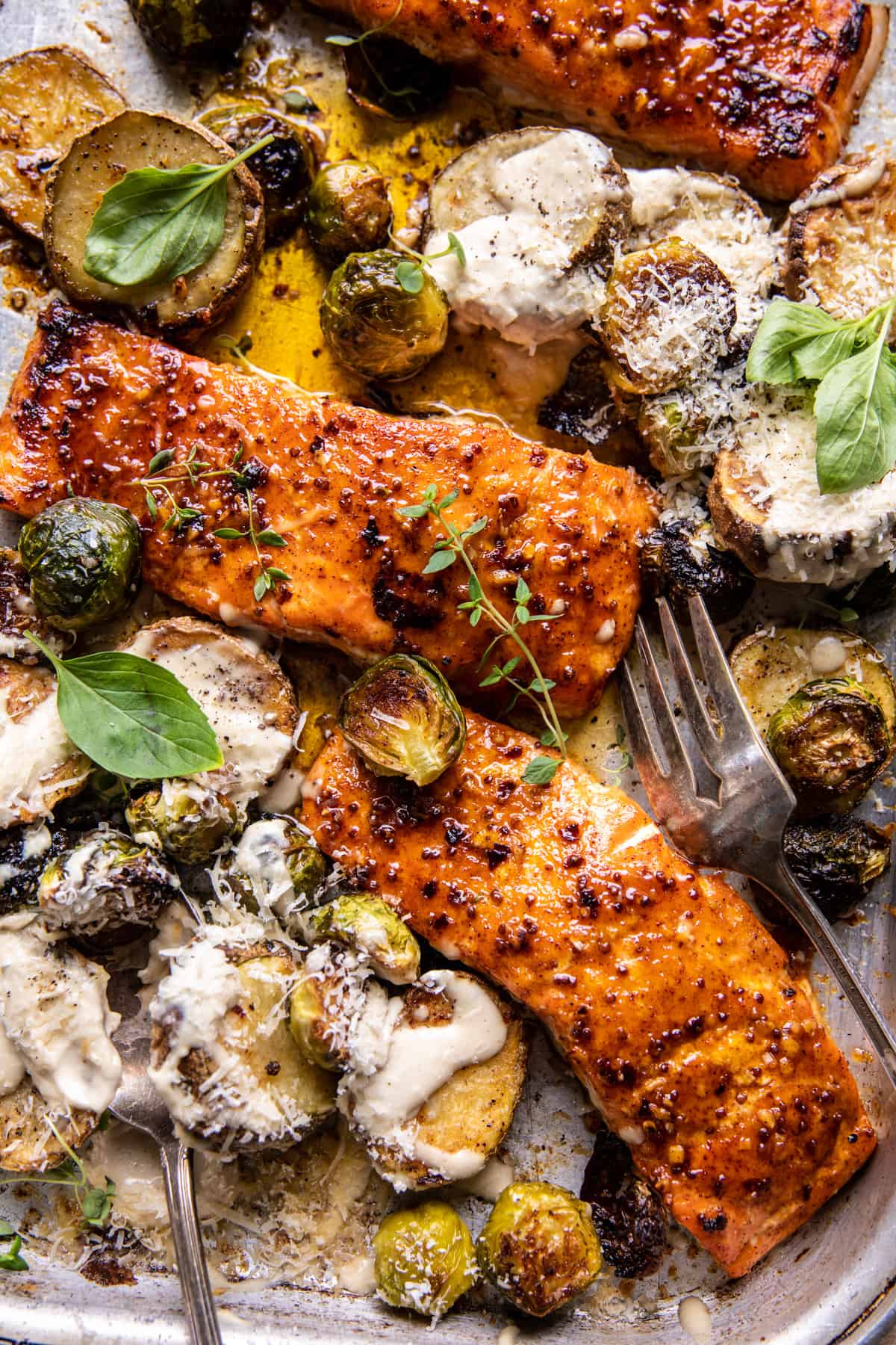 Pan-Seared Salmon with Roasted Brussels Sprouts and Mustard Vinaigrette