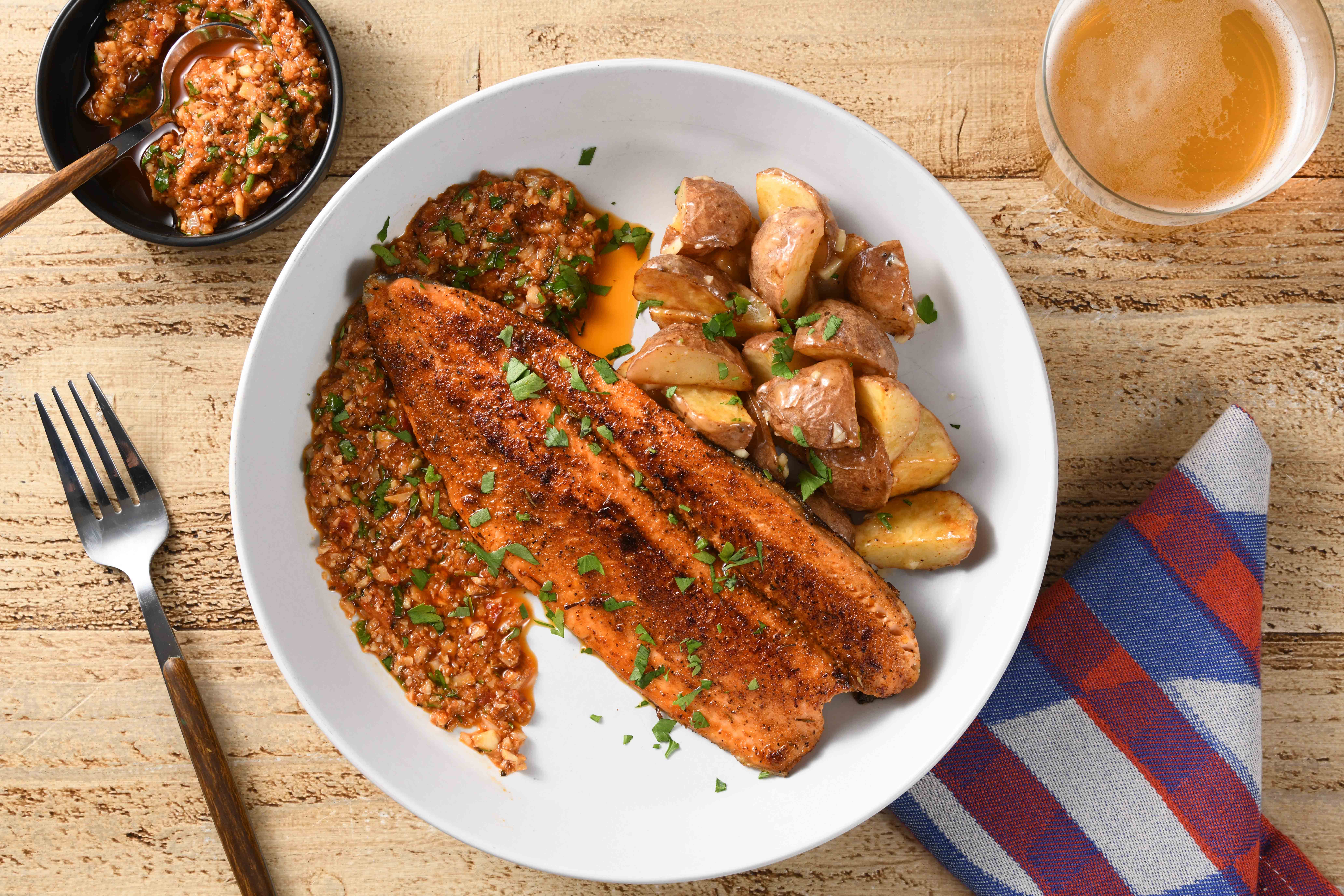 Pan-Seared Trout with Andean Potato Mash and Spicy Chile Sauce