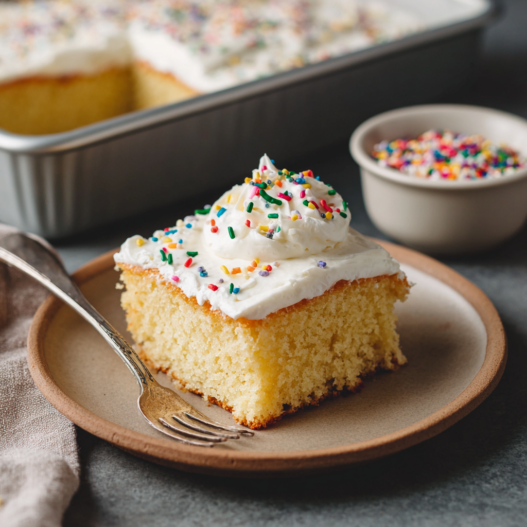 Quick One-Bowl Vanilla Sheet Cake with Melted Butter