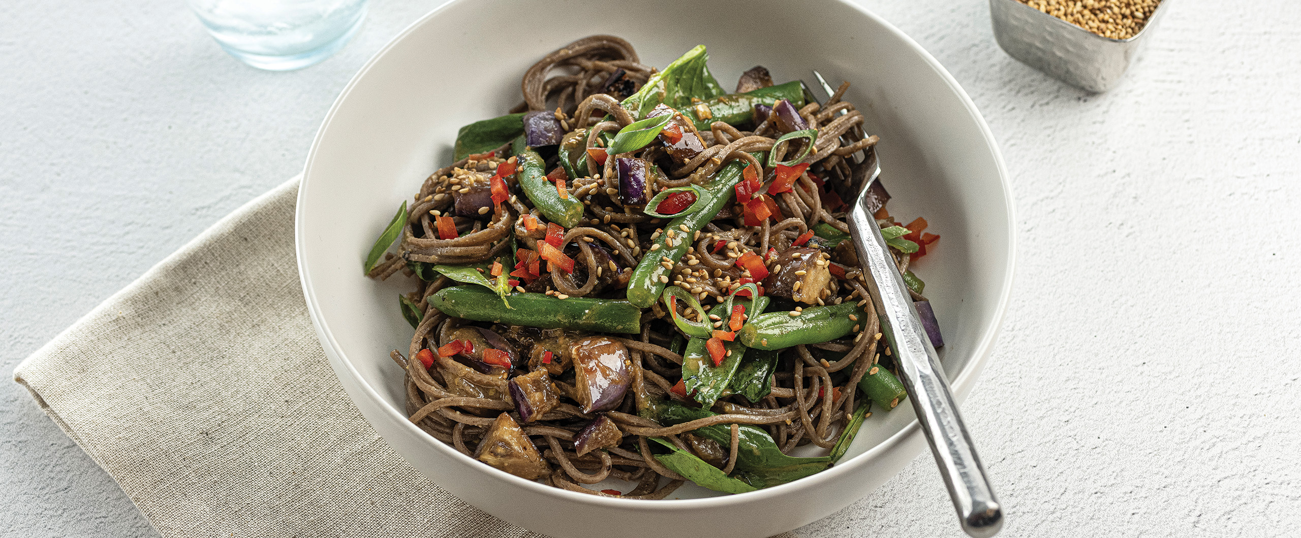 Stir-Fried Soba Noodles with Miso-Glazed Eggplant and Sesame