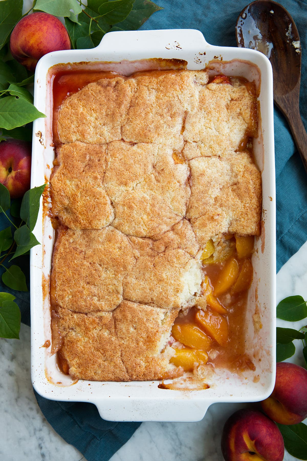 Old-Fashioned Baked Peach Cobbler with Cinnamon Biscuit Topping