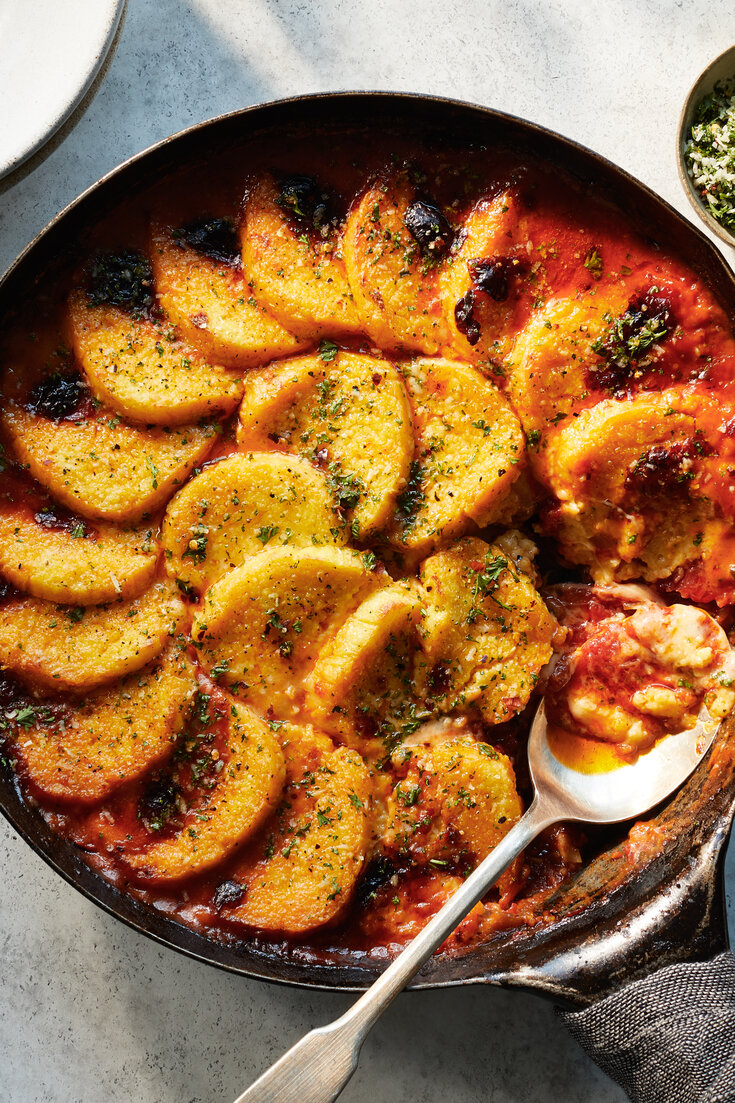 Italian Oven-Baked Polenta with Tomato Basil Sauce and Parmesan